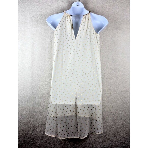 Michael Kors Size XS Beige Gold Print Hi Low Halter Dress Chain Collar - Picture 4 of 13